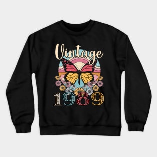 Floral Butterfly Retro Vintage 1989 34th Birthday Crewneck Sweatshirt